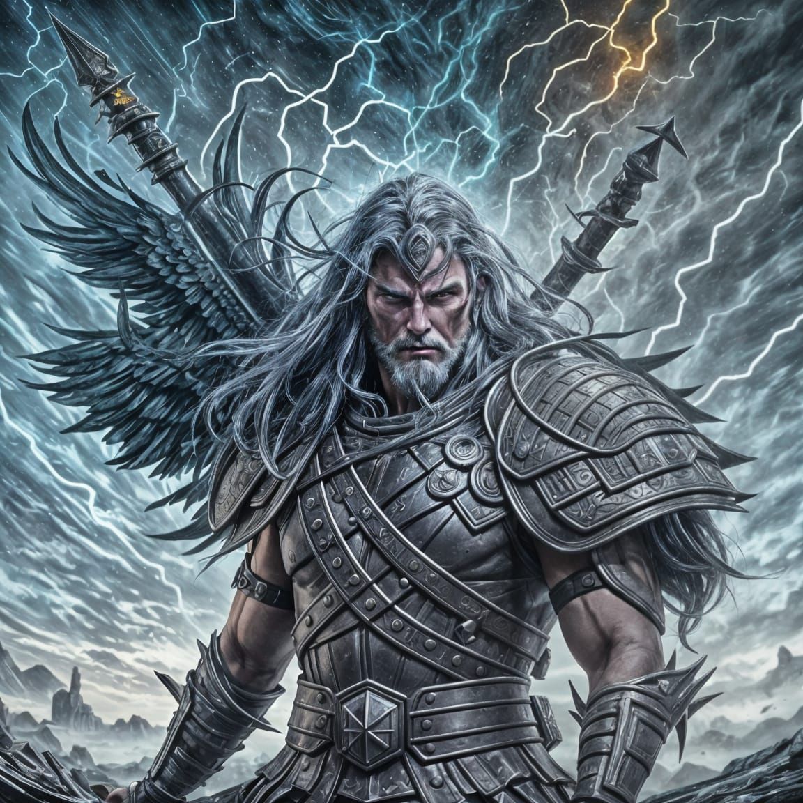 <lora:1:1.0> night, lightings and thunderballs walpaper, a male human barbarian, riding a giant eagle