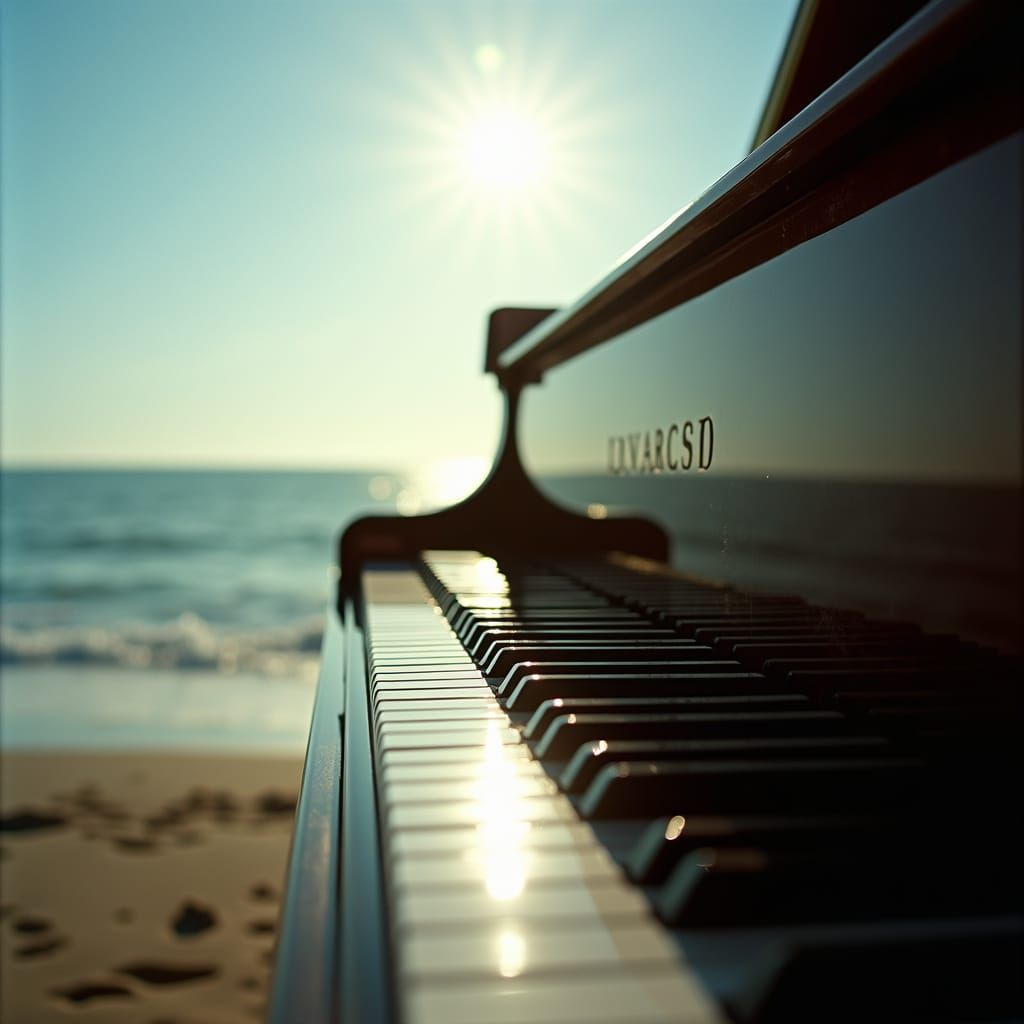 Piano Keys Reflecting Sunlight Near Ocean