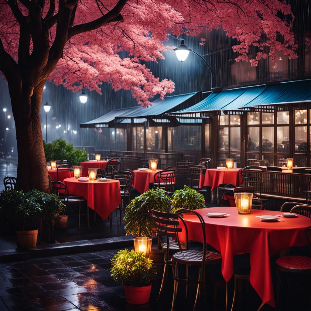 beautiful night cafe in rain ,beautiful tree and street ligh...