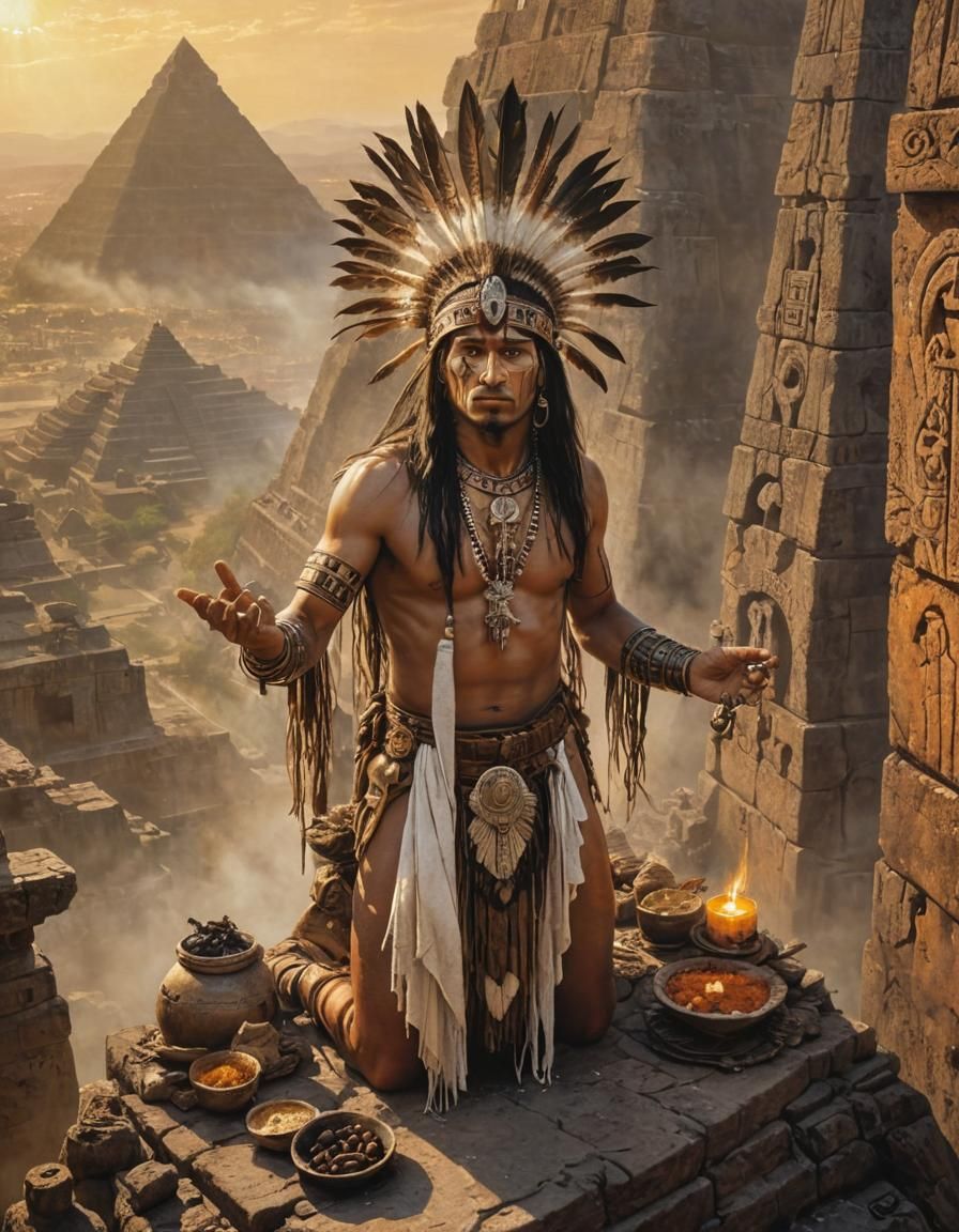 An Aztec priest brings ritual offerings to the gods