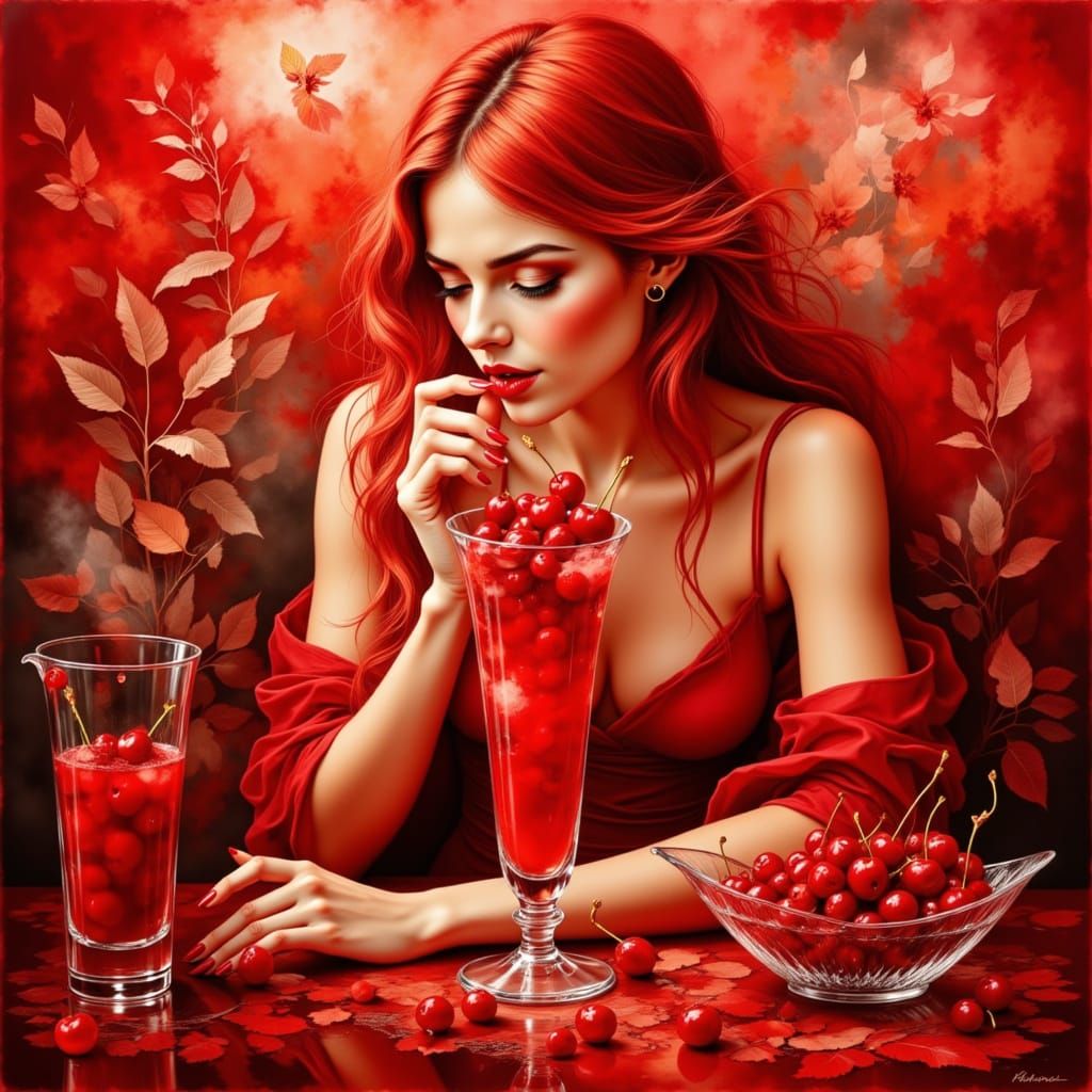 Radiant Woman Sips Cherry Juice in Klimt-Inspired Masterpiec...