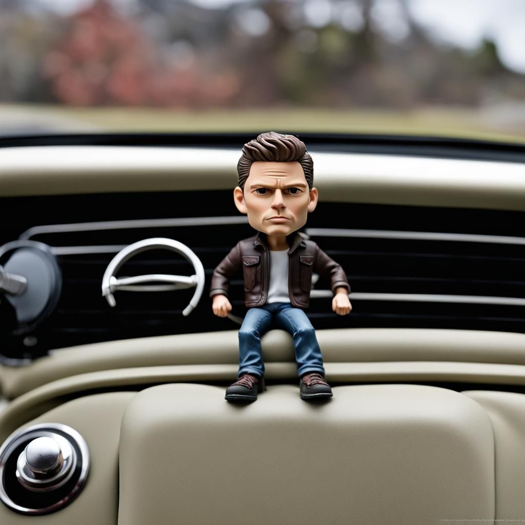 Dean Winchester bobblehead in the dashboard of a Chevrolet Impala. a