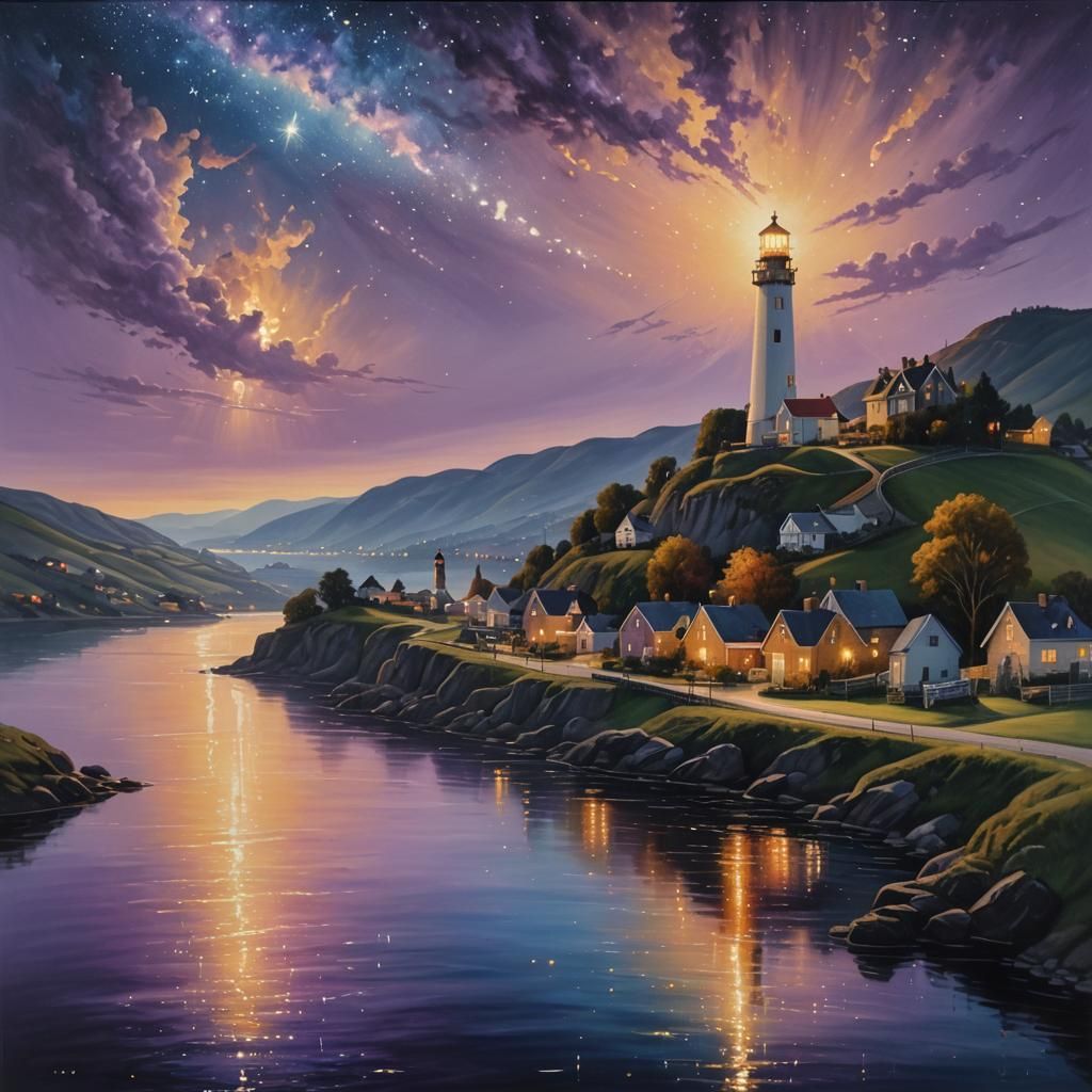 A river runs between 2 hills, on one hill there is a lightho...