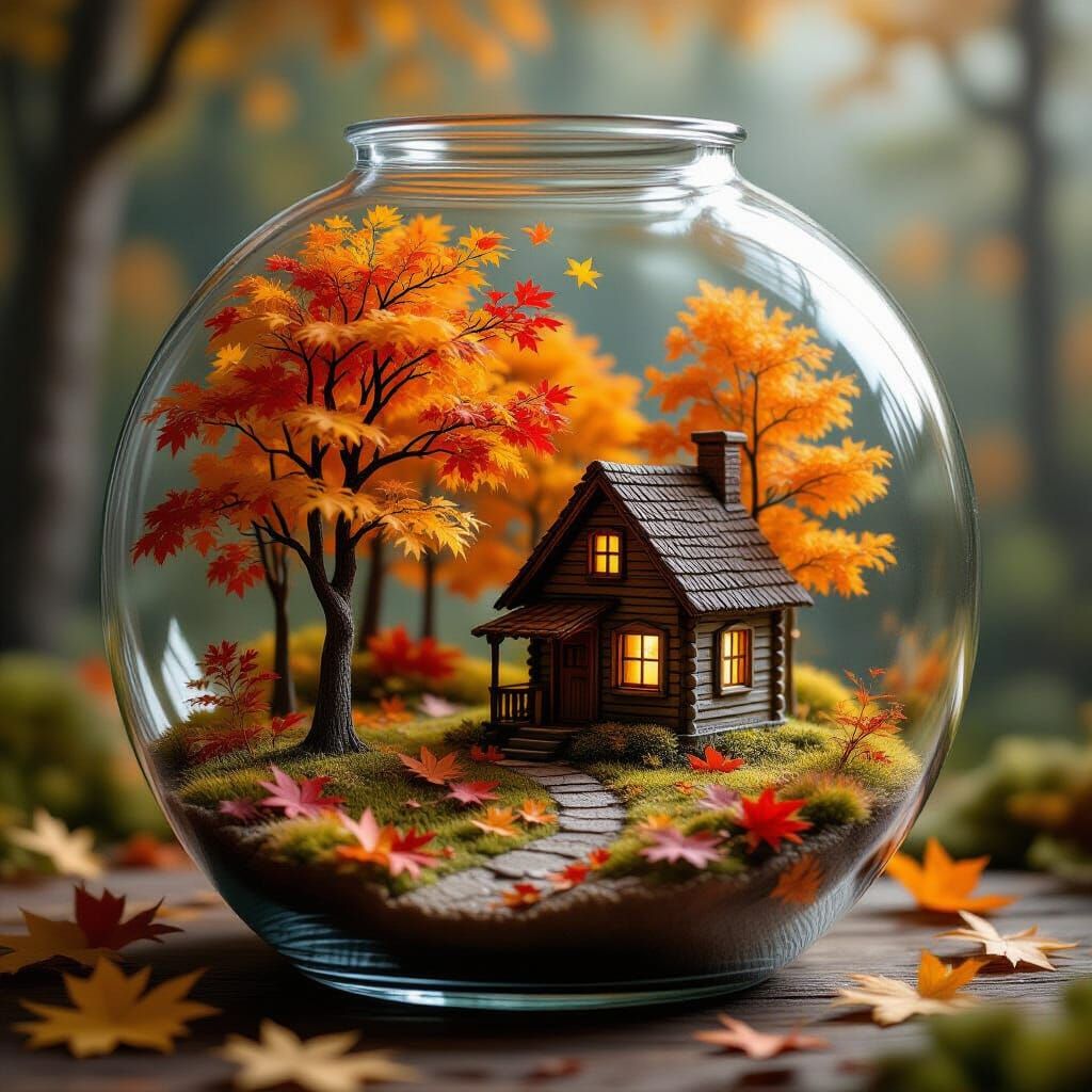 A miniature autumnal forest contained within a vintage glass terrarium. Tiny, vibrant maple trees with ...  by @CavDad 