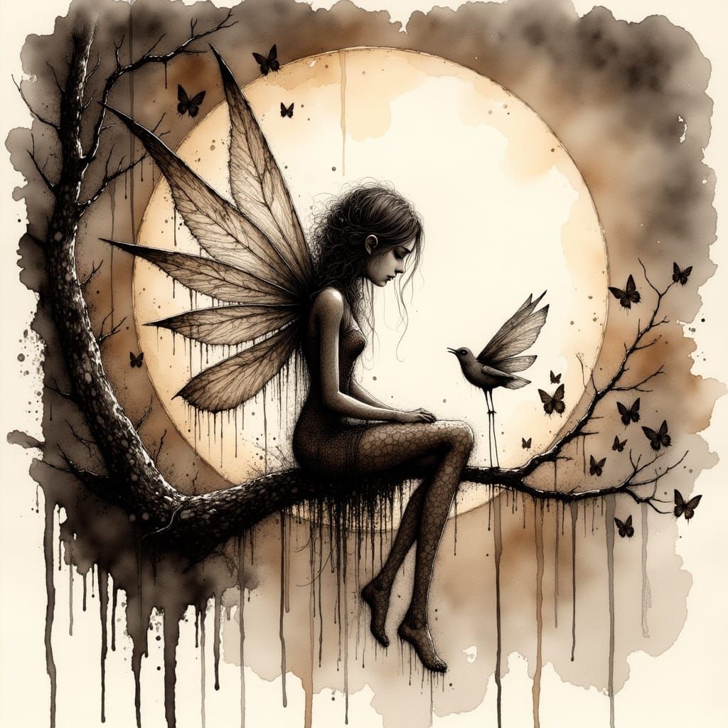 <lora:Ink:1.0> Black and sepia Ink, strong lines and strokes, crosshatching, scratchy. A fairy with delicate lace wings sits on a moonlit br...