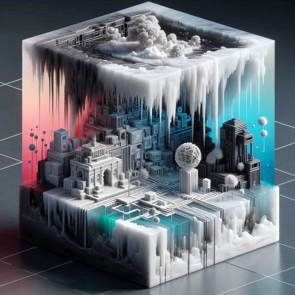 Maquette of an abstract in and outside landscape inside a me...