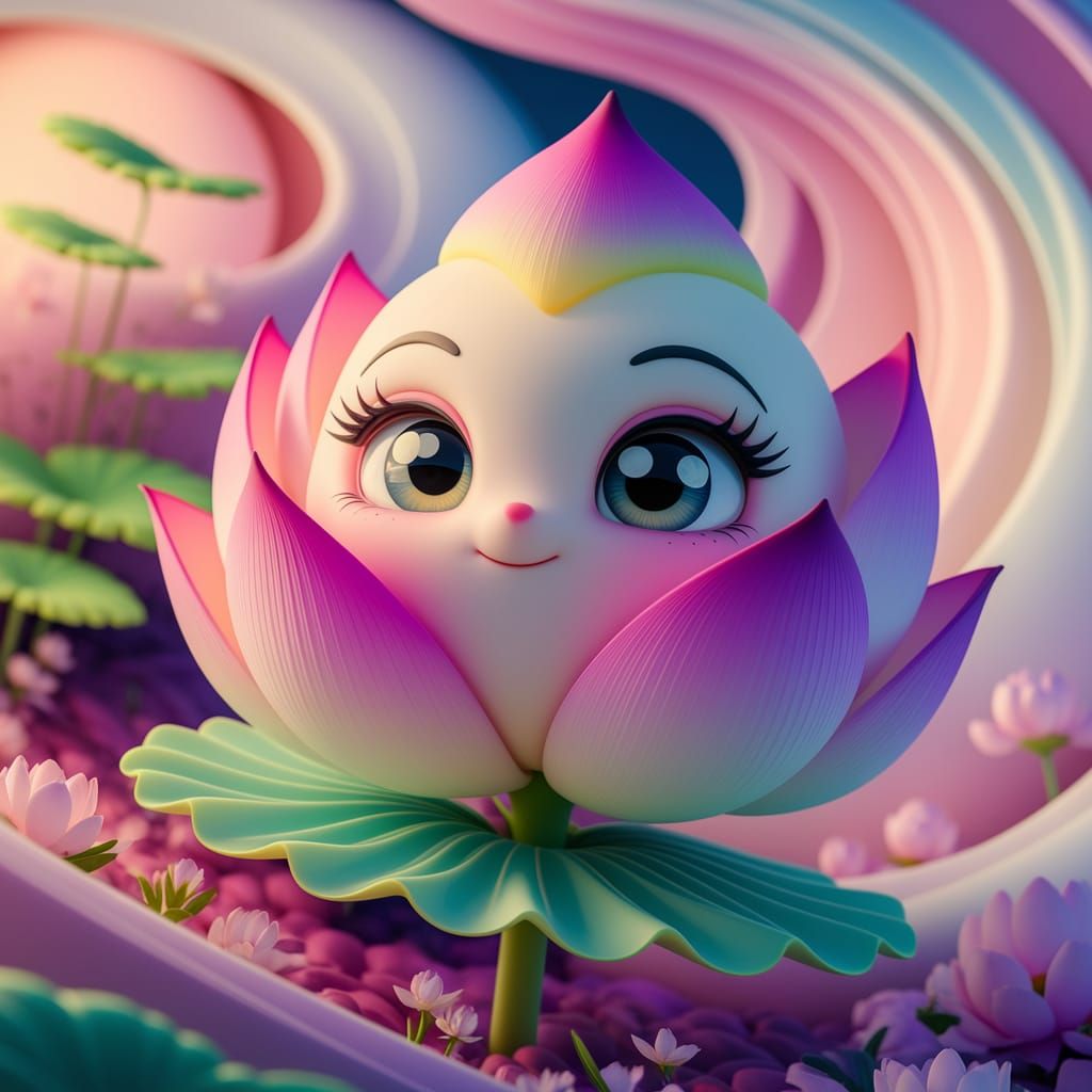 Vibrant line art. Extreme close-up. An adorable lotus_flower character gazes dreamily at the viewer, ...  by @Joy K