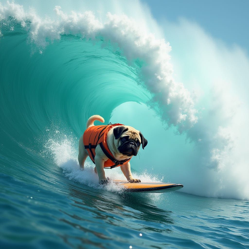 pug surfing a wave, realistic