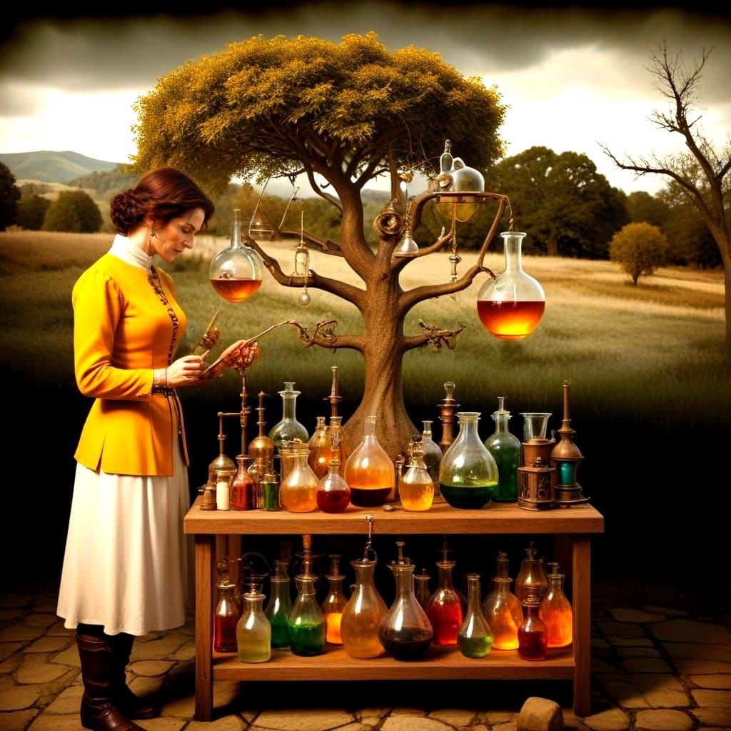 Medieval Alchemist Lady in Alchemy Laboratory