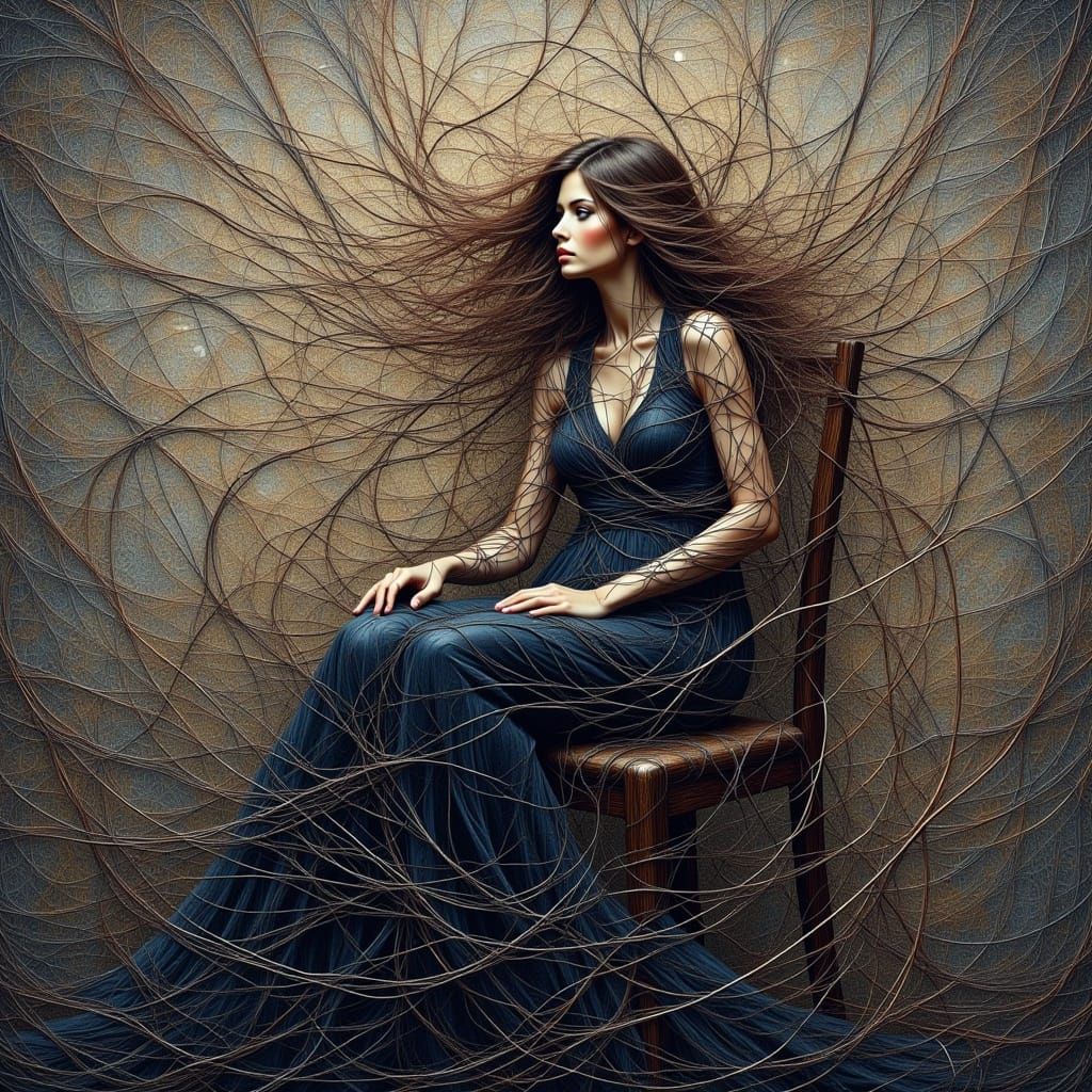 <lora:tangled style Fx:1.0> tree branches tangled around a woman's body on a complex, abstract background.Entanglement Style, Woman with bro...