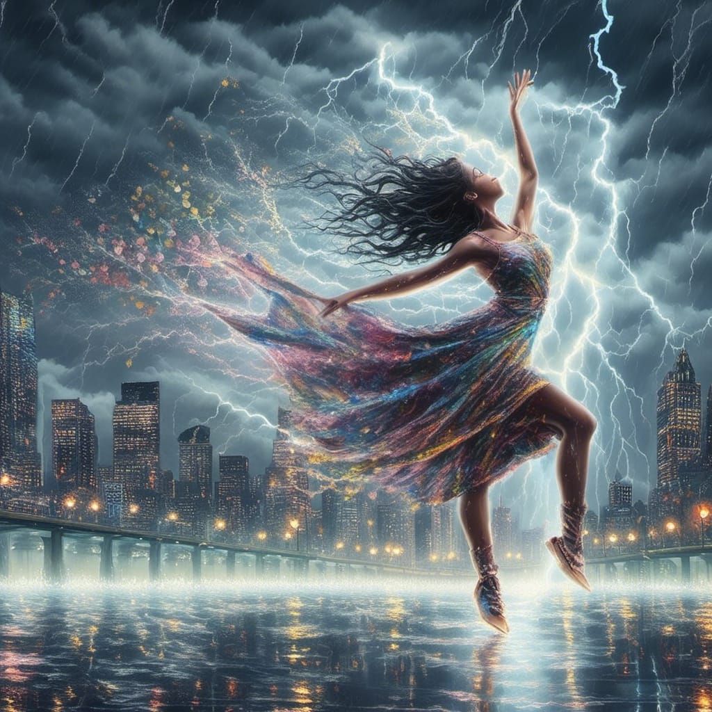 beautiful dancer dancing in a cityscape with rain falling on her, dress flows with the rain, <lora:Intense Lightning:1.3> lightning in back...