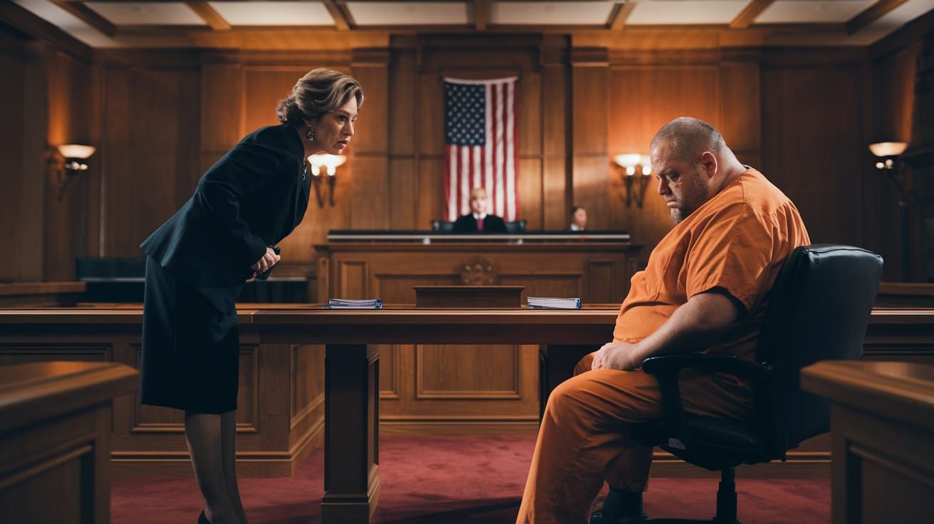A high-contrast, cinematic courtroom scene in 4K resolution. In the foreground, a determined middle-aged female district attorney stands at...