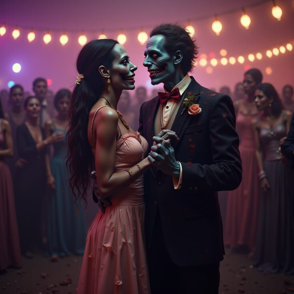 people in the style of <lora:zombiefy:1.5> , dancing at a prom