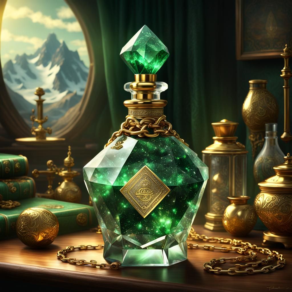 "Lady Luck" diamond crystal potion bottle with label, golden...