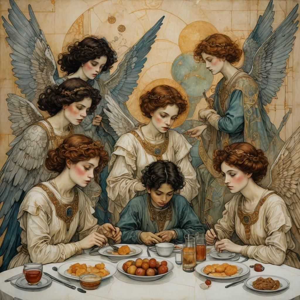 Two Mortals, Five Angels at Breakfast