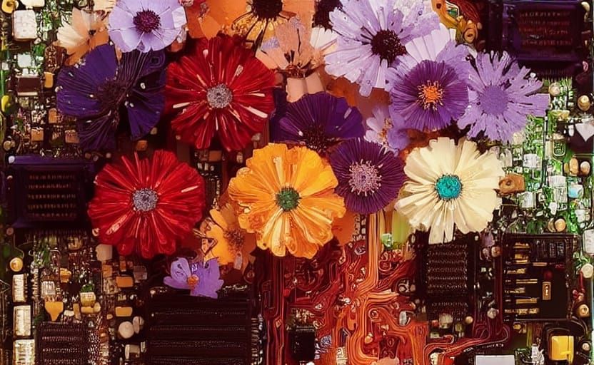 Floral Circuit Board: Photorealistic Impasto Collage