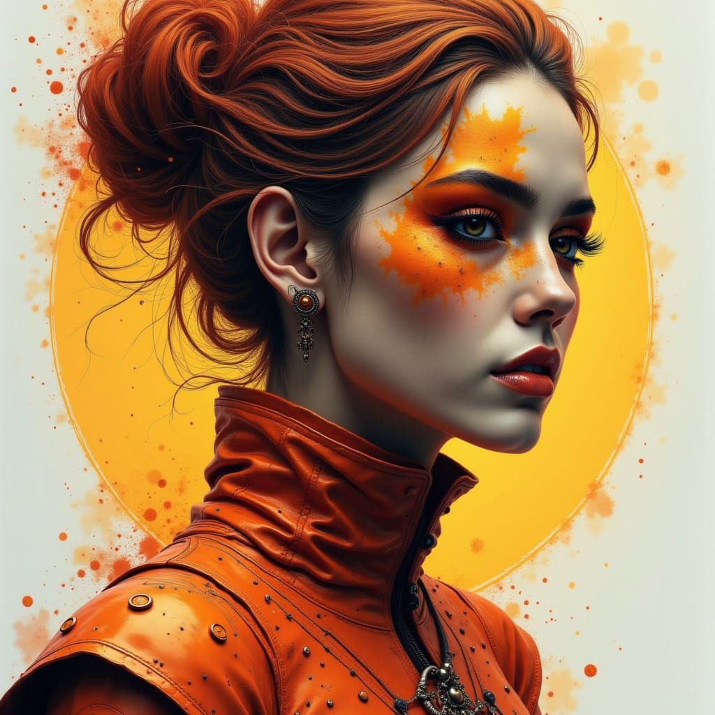 Hyperrealistic portrait of a beautiful woman wearing intricately detailed colorful clothing and futuristic jewellery. <lora:Caffeine Grimoir...