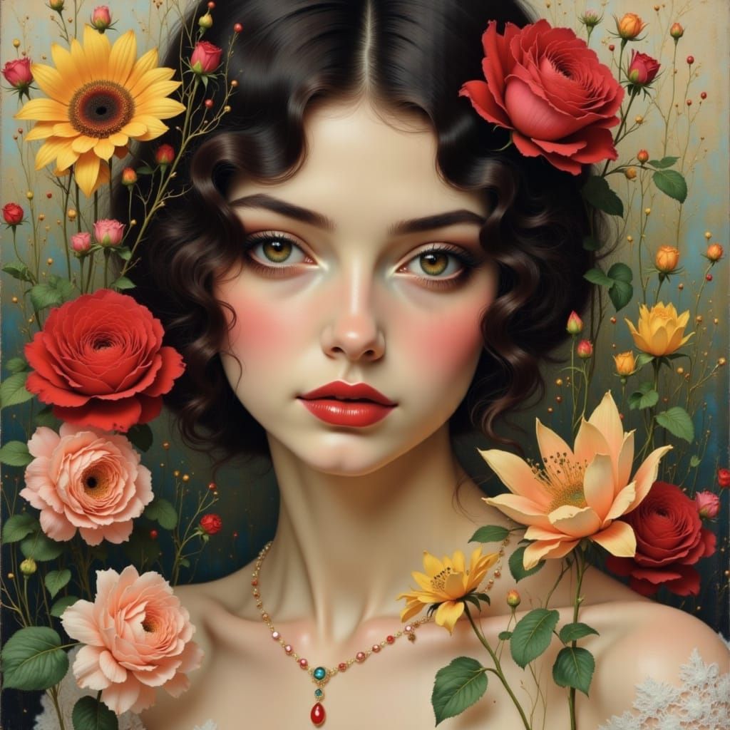 Romantic Portrait of a Woman Amidst Vibrant Flowers in Dream...