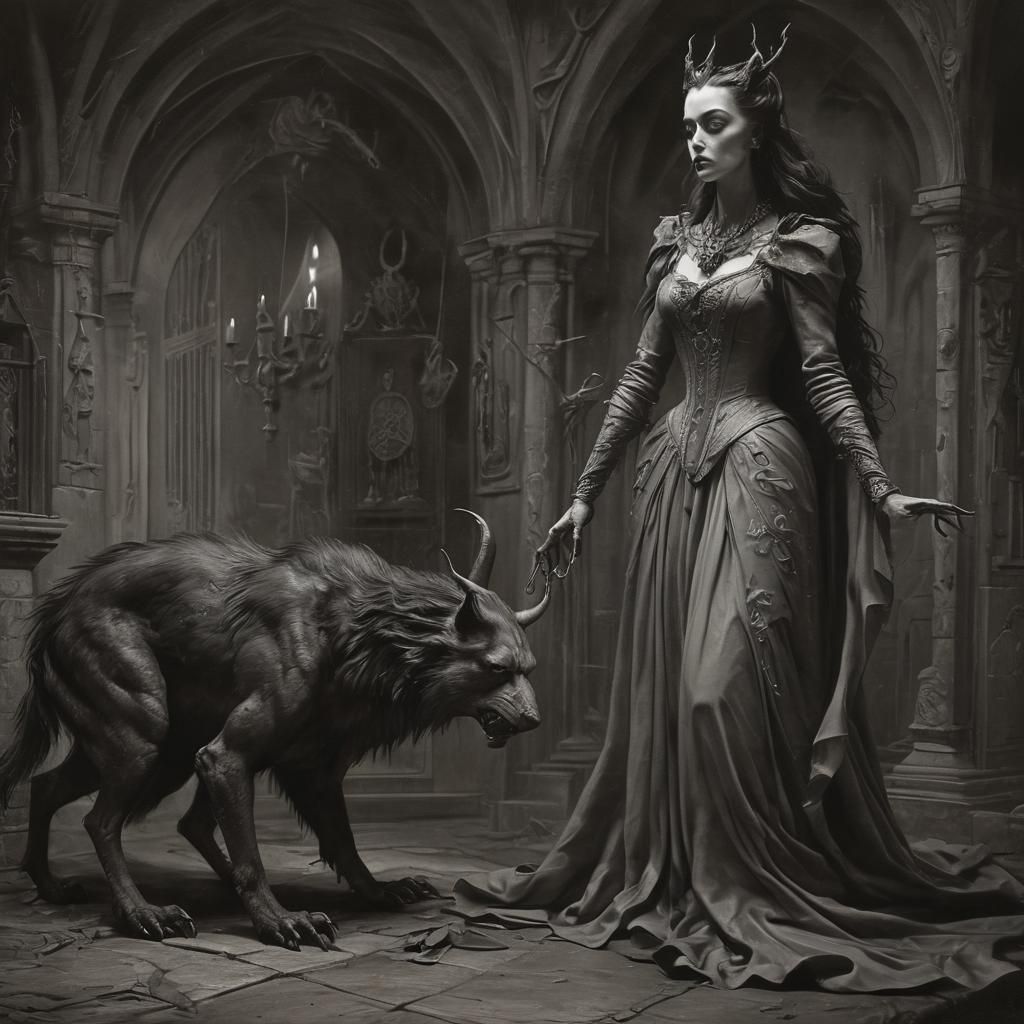 Leonora Carrington style art piece, "Beauty and the Beast", ...