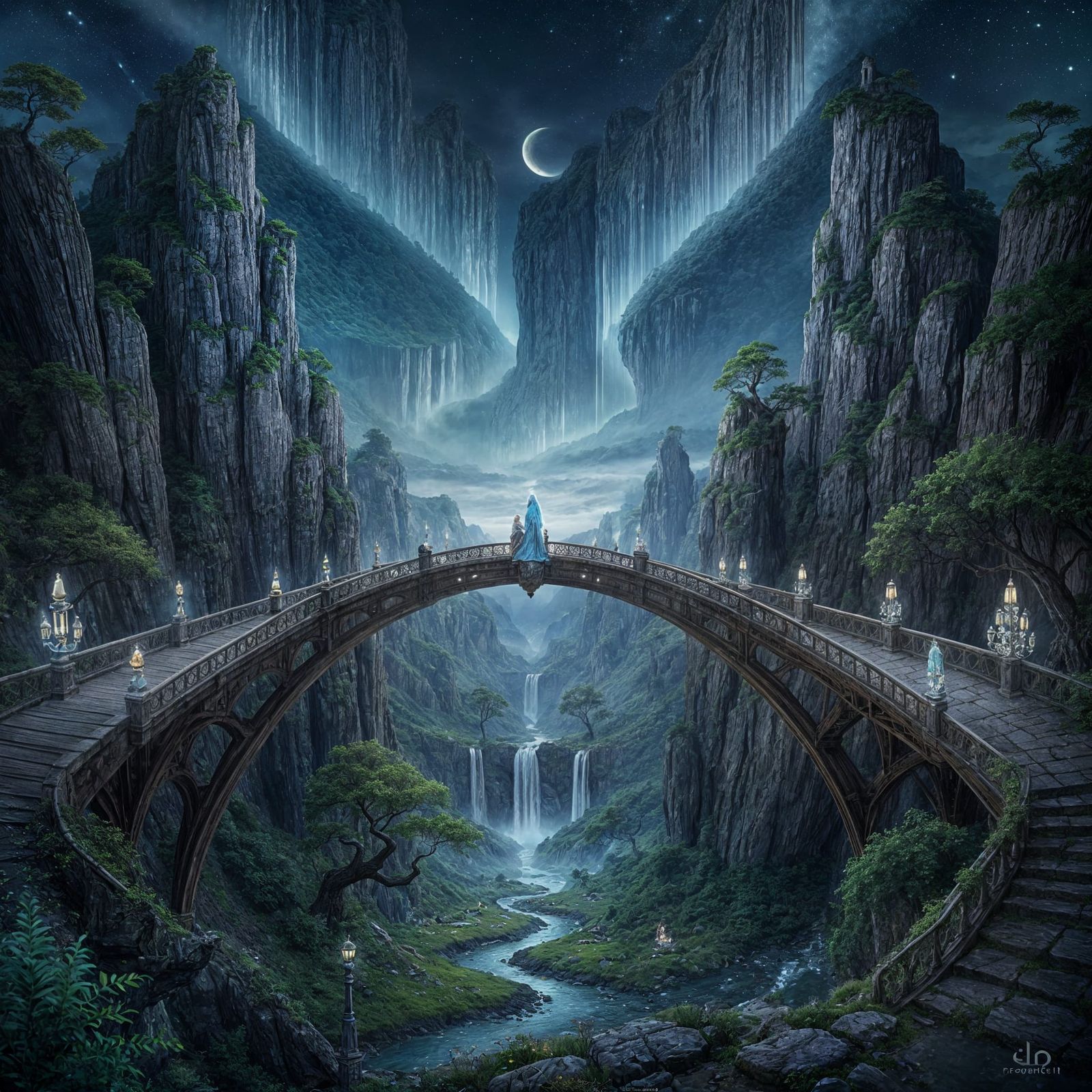 Magical Fantasy Bridge Between Cliffs Under Starlit Night