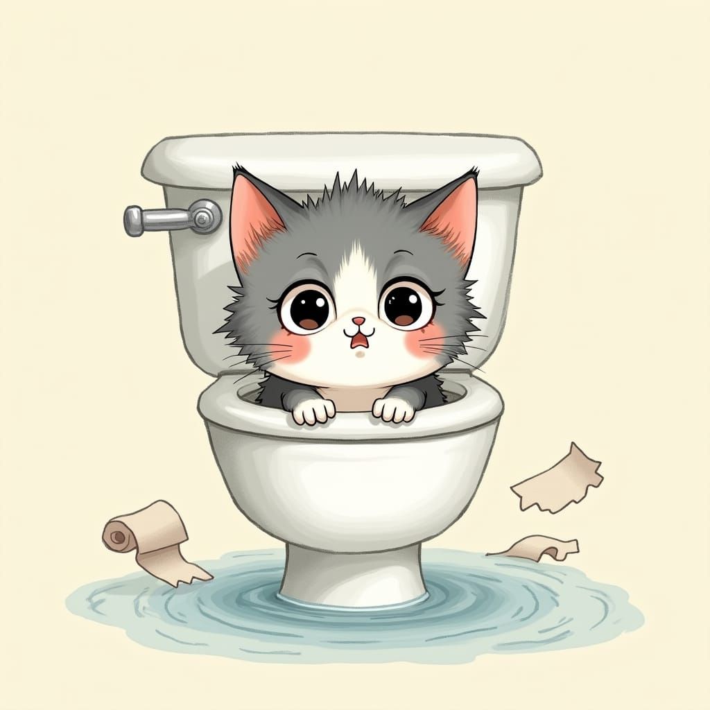 Distressed Kitten in Toilet: Kawaii Art