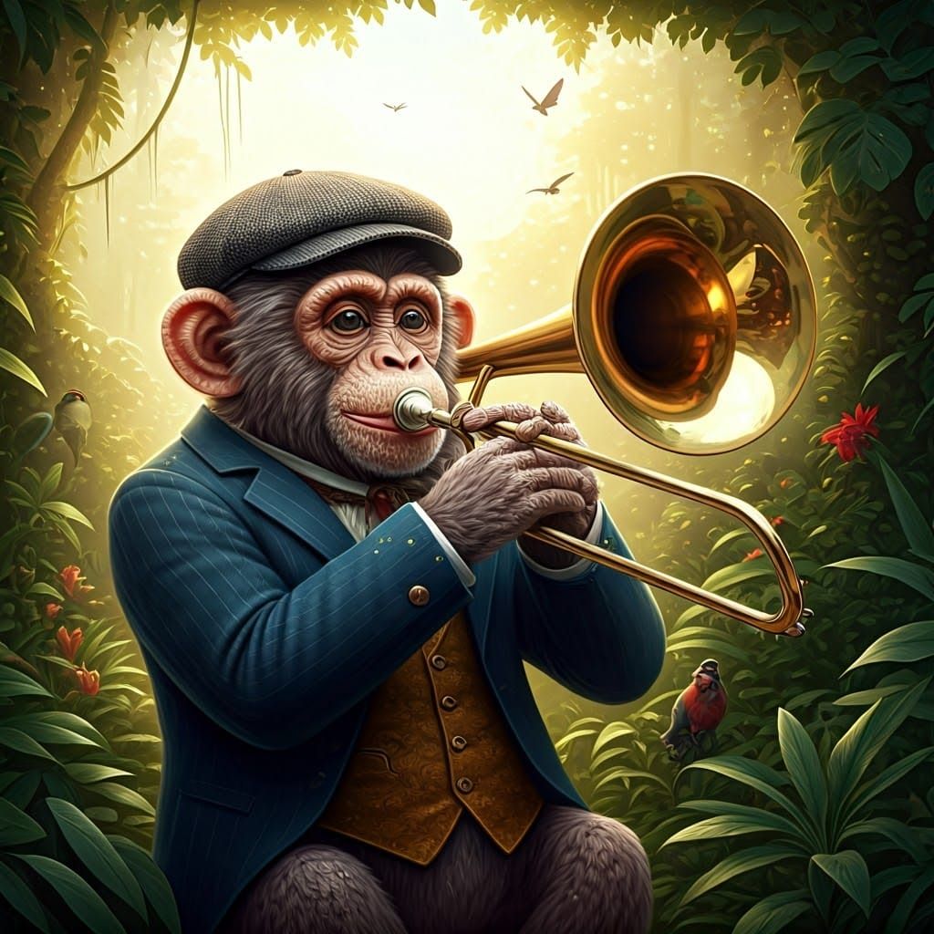 Knitted Monkey Jazz Trombonist in Jungle