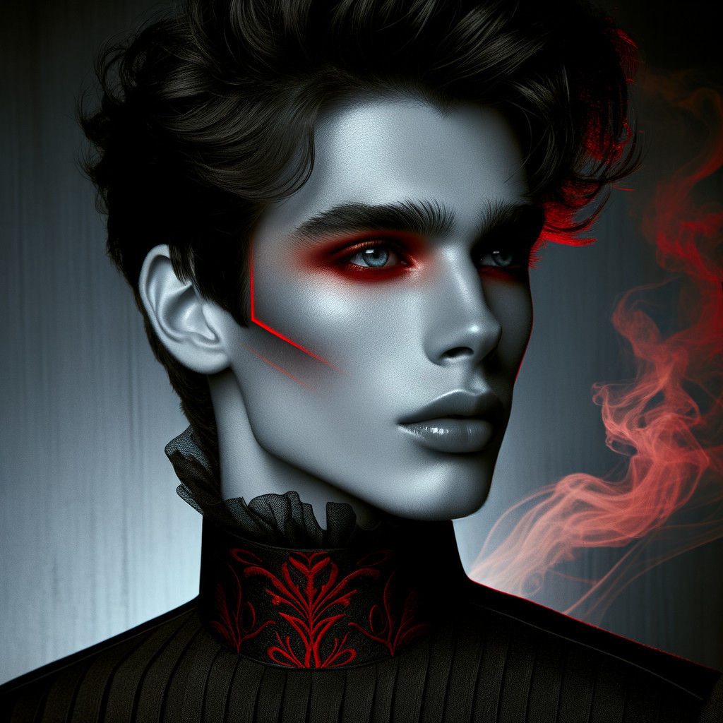 Androgynous portrait in red on black and white with a gothic...