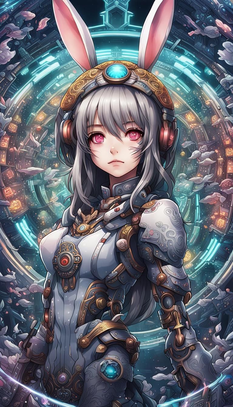 Cyber rabbit girl transforming anime manga mandala sticker by artist ...