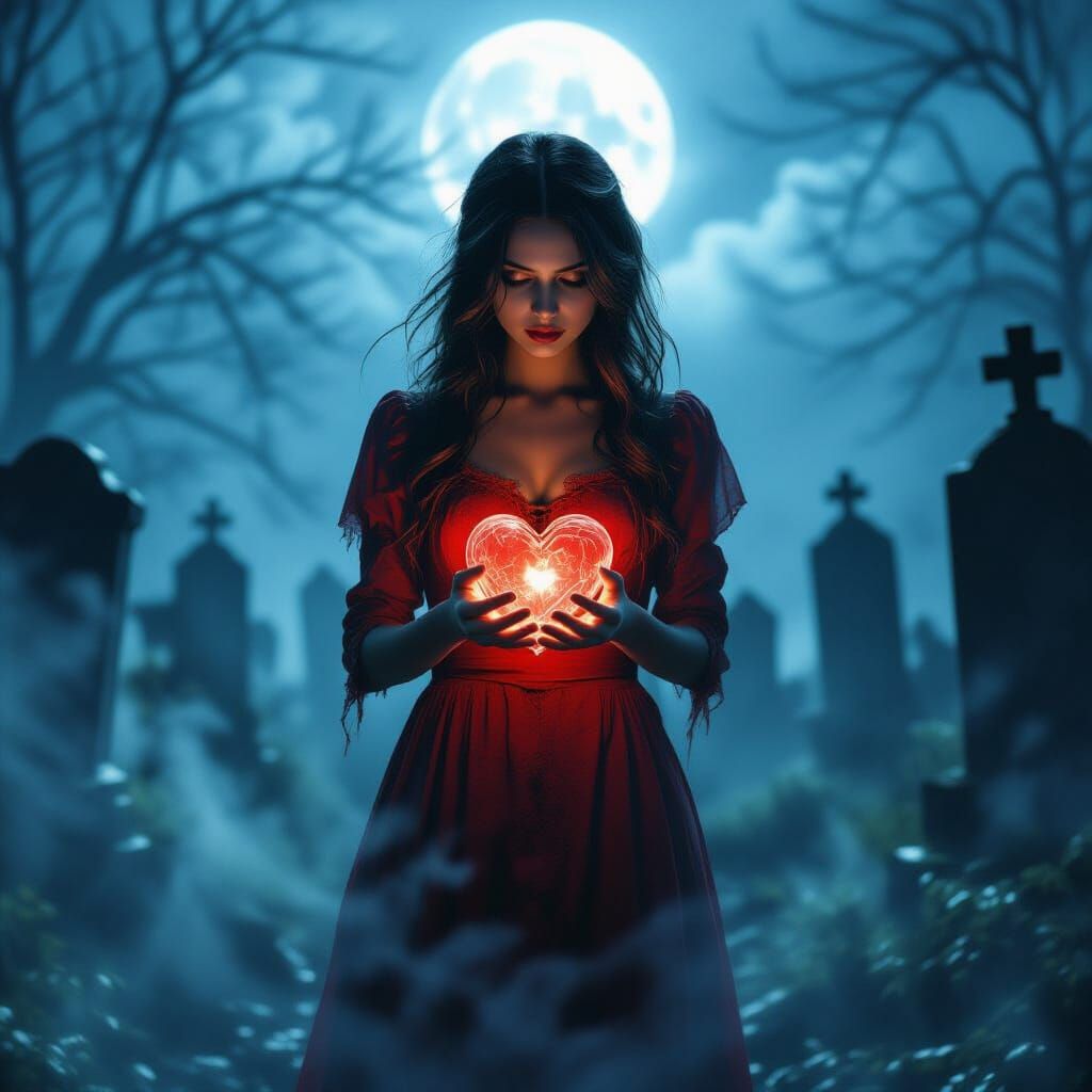 Ghostly Woman with Cracked Heart in Moonlit Graveyard