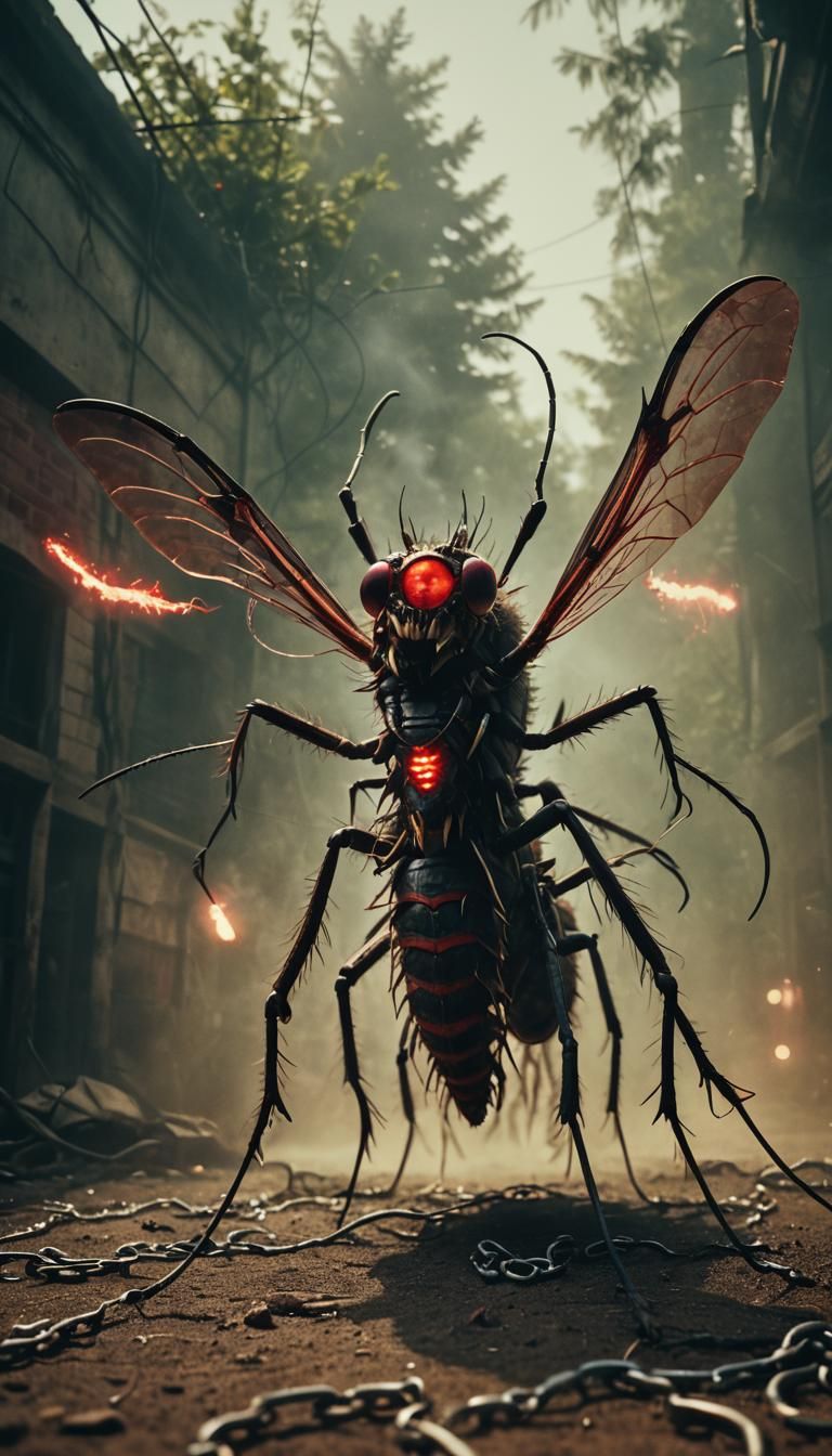 a mosquito monster with red eyes, rage eyes, without mouth, ...