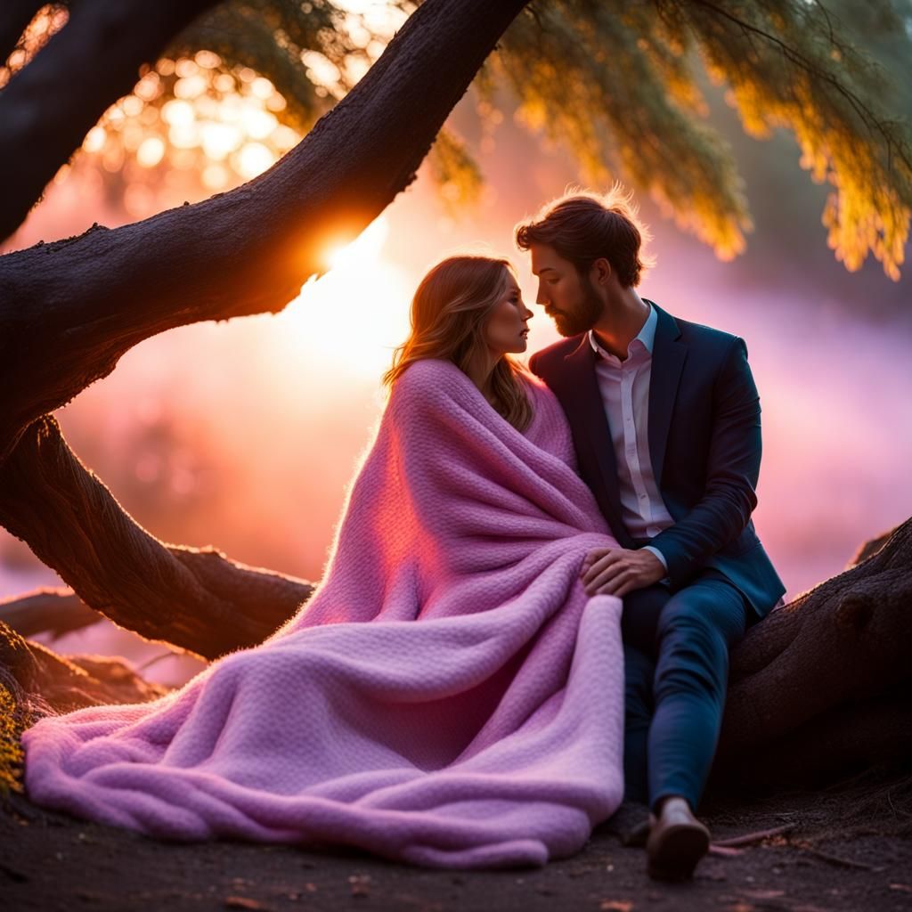 Couple Snuggling at Sunset by Stream: Ethereal Scene