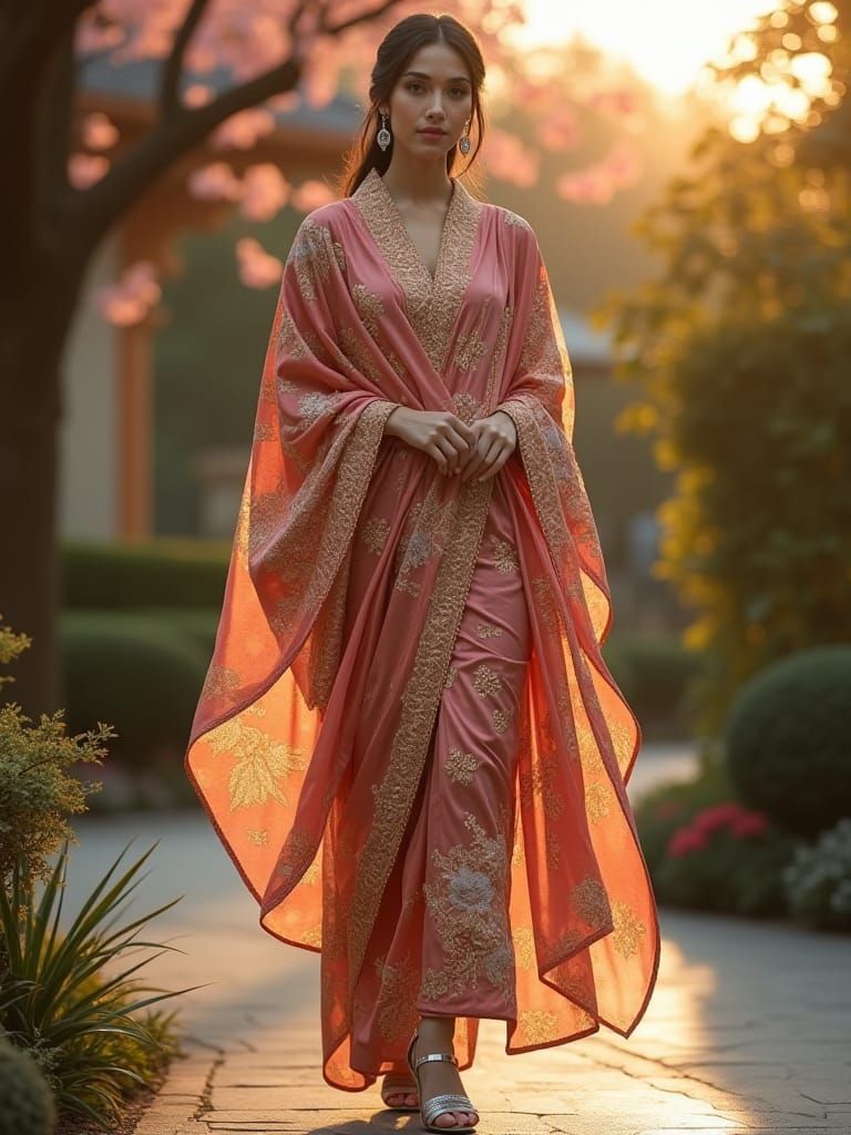 Elegant Woman in Japanese-Indian Fusion Attire