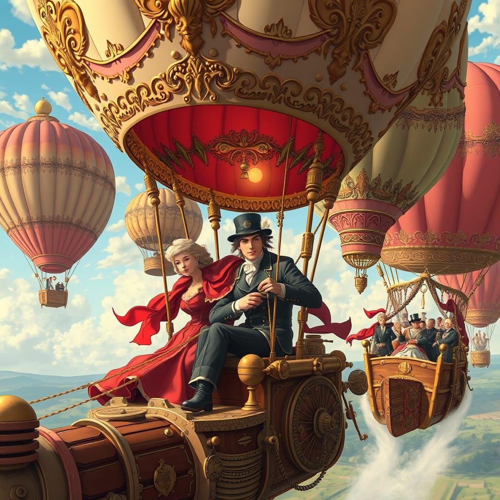 An anime-inspired hot air balloon race with intricate balloons in a Victorian style.  by @Karasu Tepes