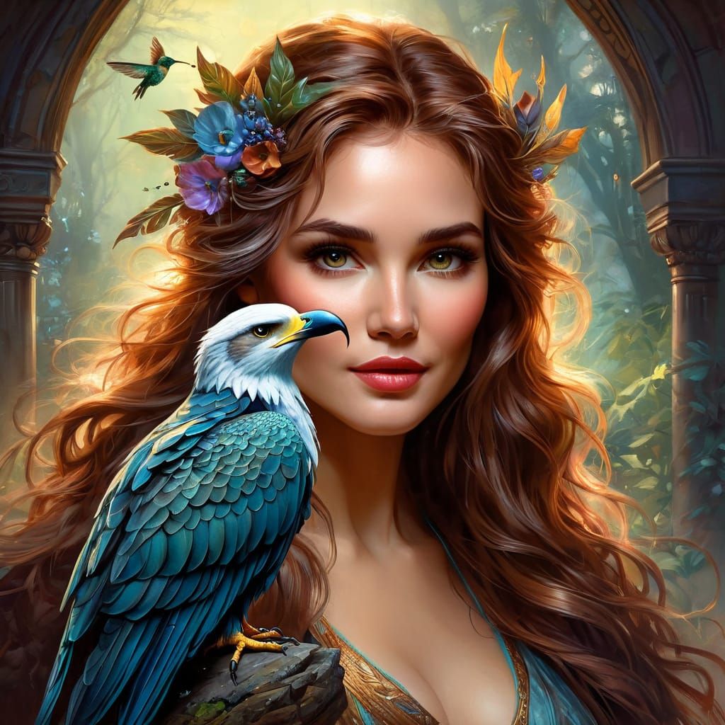 Woman portrait with a majestic eagle