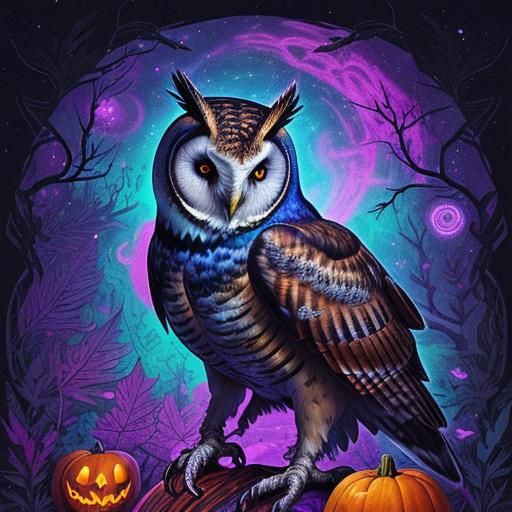 a colorful blacklight poster of Barn owl, pumpkins outlines, fall leaves, Halloween, skulls, bones, crystals, witch hat, black cat, neon, hy...
