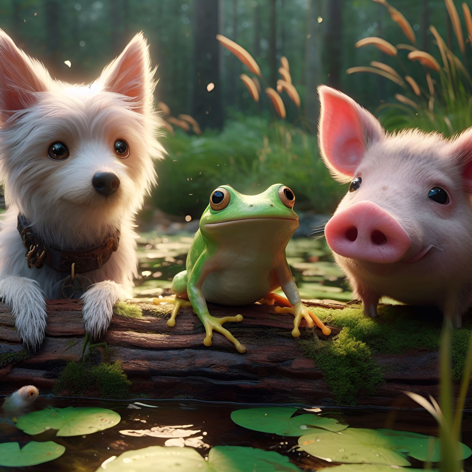 A dog and a frog and a hog on a log in a bog.