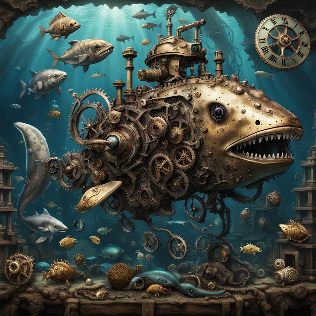 Hyper-realistic steam-punk marine life thriving in an ocean of ...