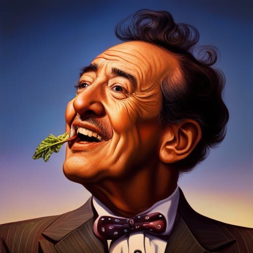 Salvador Dali laughing eating salad