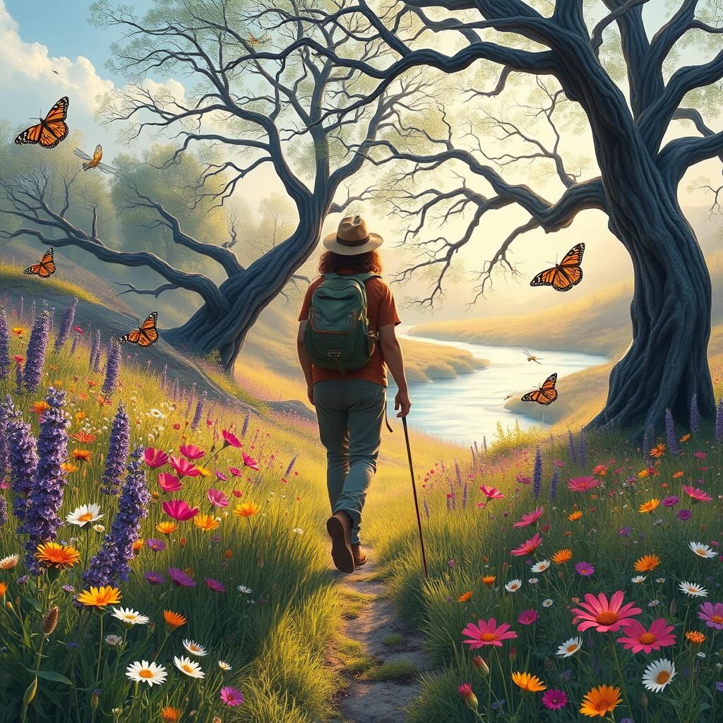 Hiking through a meadow, full of Colorful flowers, surrounded by trees butterflies river run through it
