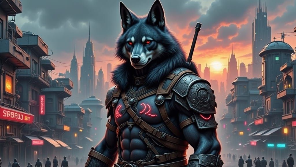  <lora:Dystopian Flux:1.0> anthropomorphic wolf warrior / deep background cityscape