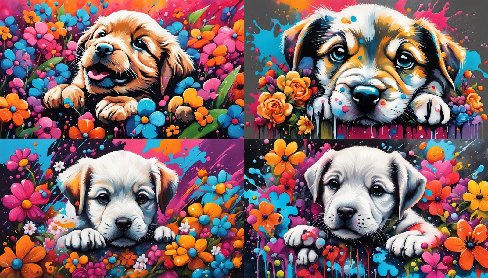 a puppy, flowers, graffiti art, splash art, street art, spra...