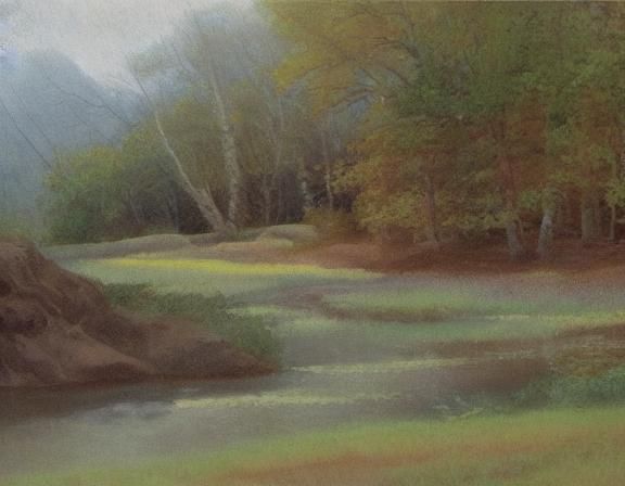 watercolor painting of nature landscape soft tender pastel colors, blurred brushstrokes imitate the real picture