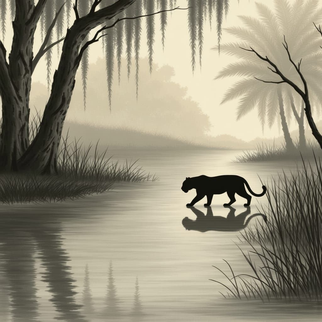 In the ‘Glades : 
<lora:Kakejiku:1.0> At the edge of a pond, marsh grasses and saw palmettos grow alongside scrub oaks and sabal palms; Spanish moss hangs ...