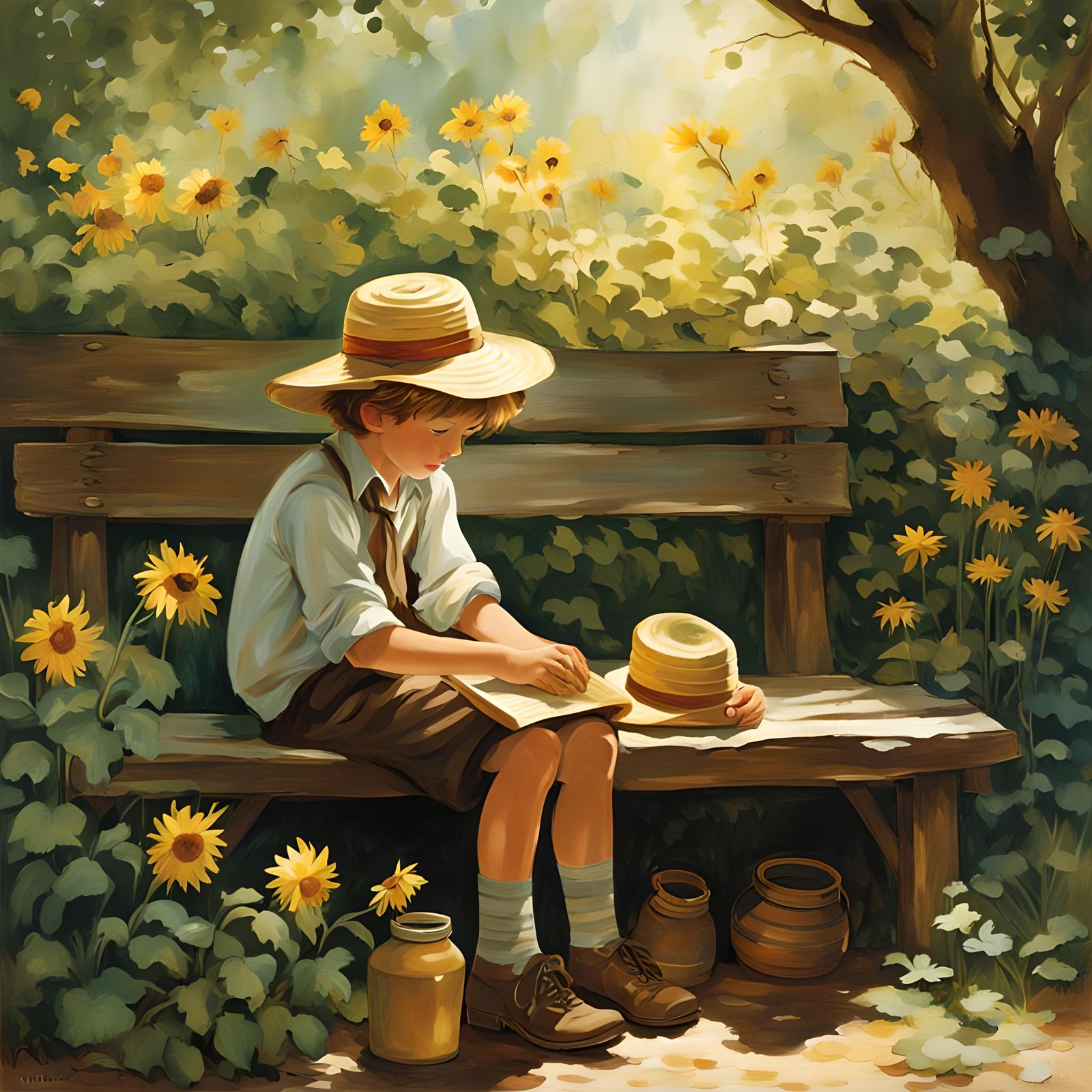 the midday sun dripped honey onto the sprawling garden,casti...