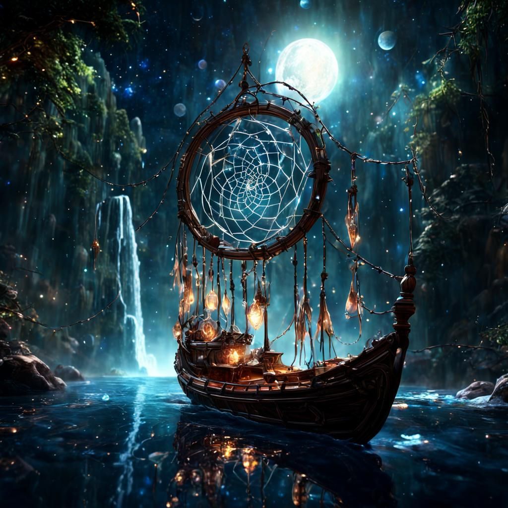A beautiful glass dreamcatcher shaped boat sailing through the universe with stars, planets, waterfall, ...  by @Summerchild