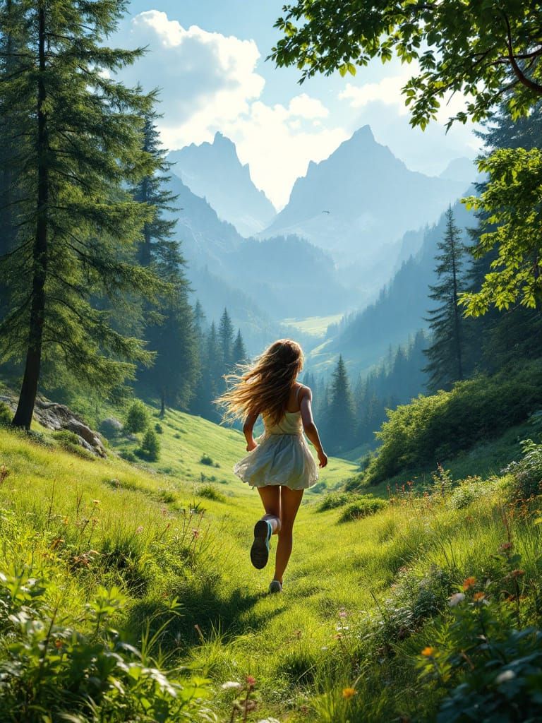 Peaceful Landscape with Girl Running Through Lush Forest