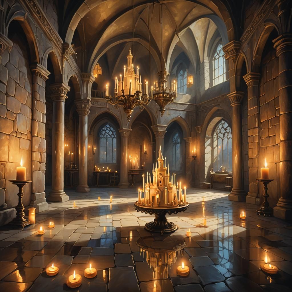A whimsical castle filled with illusions. Candles light the ...