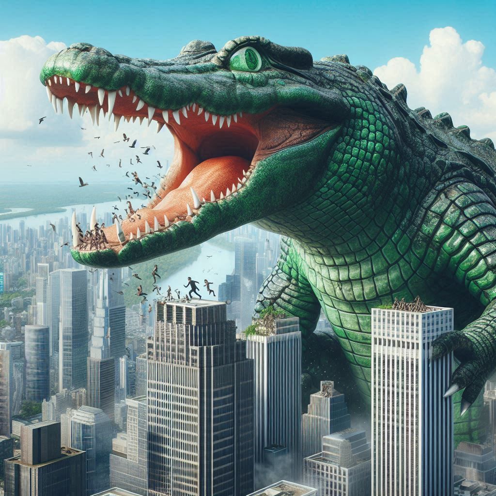 Crocodile standing on a building