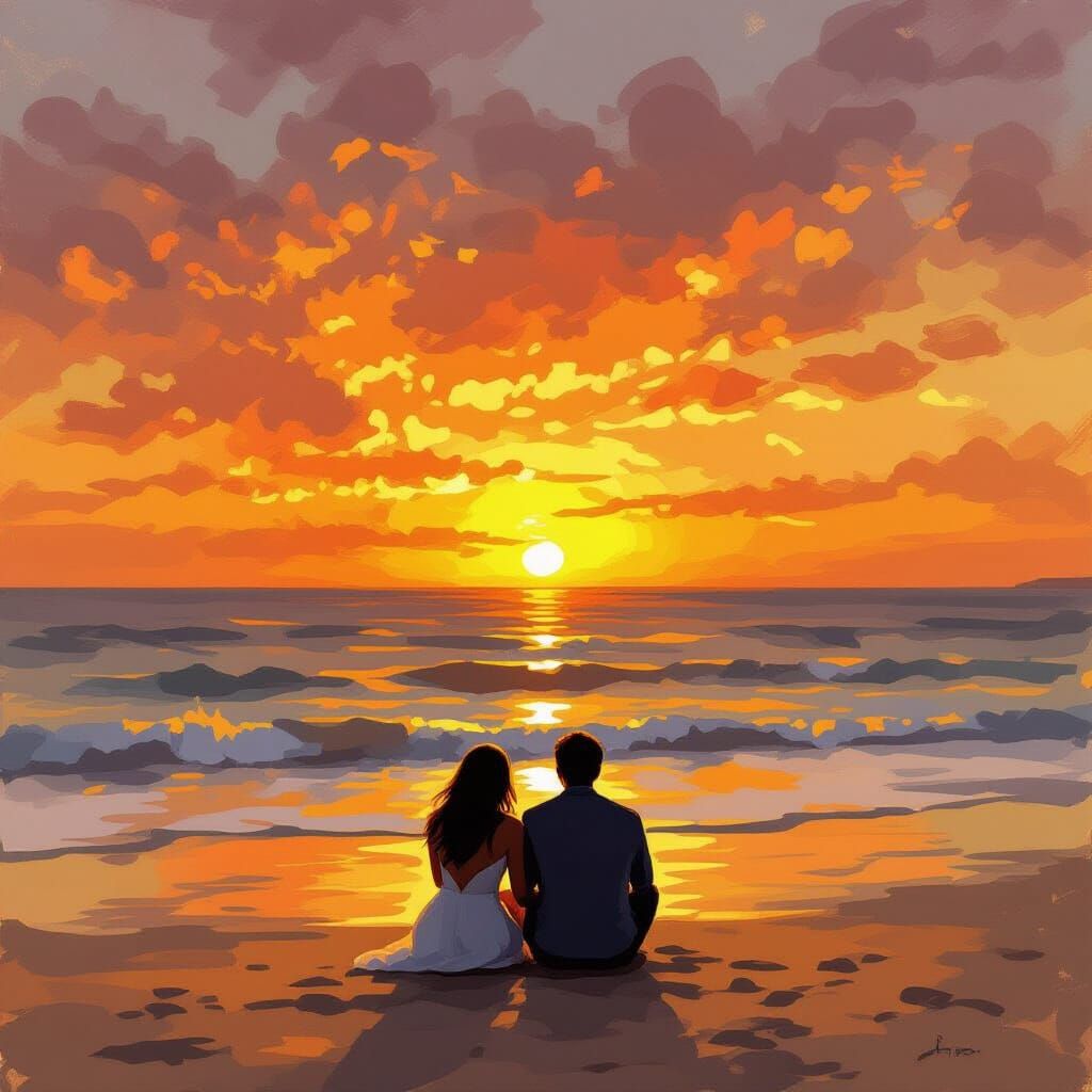 Romantic Sunset Beach Scene as Impressionistic Oil Painting