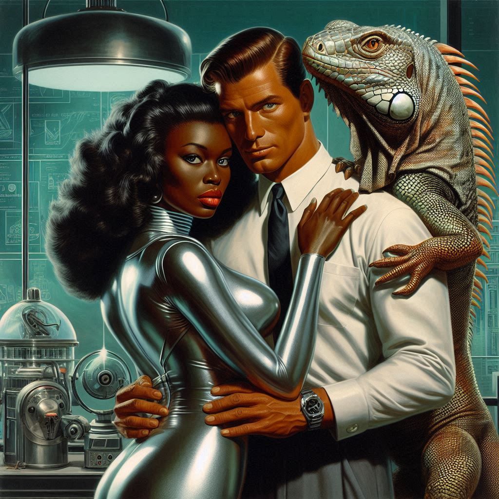 A picture of a woman and a man with a really big lizard. This is not a euphonism.